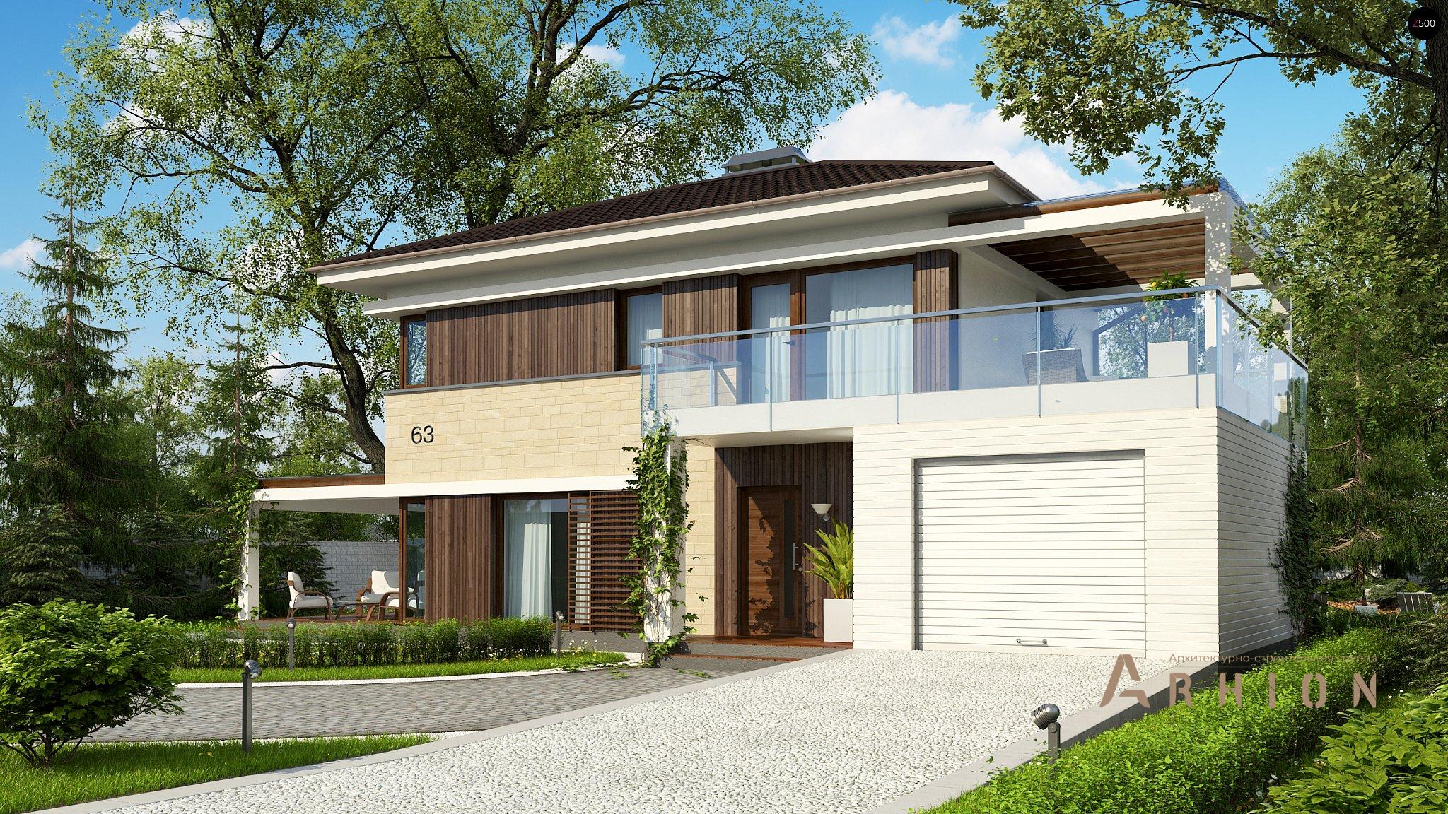 23. Проект двухэтажного дома в современном стиле с четырехскатной, Zx63 B, площадью - 128 кв c терассой, гаражом